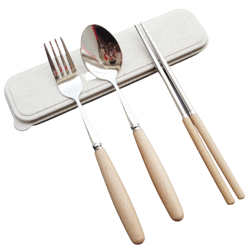 Custom Stainless Steel Wooden Handle Chopsticks Spoon Fork Set