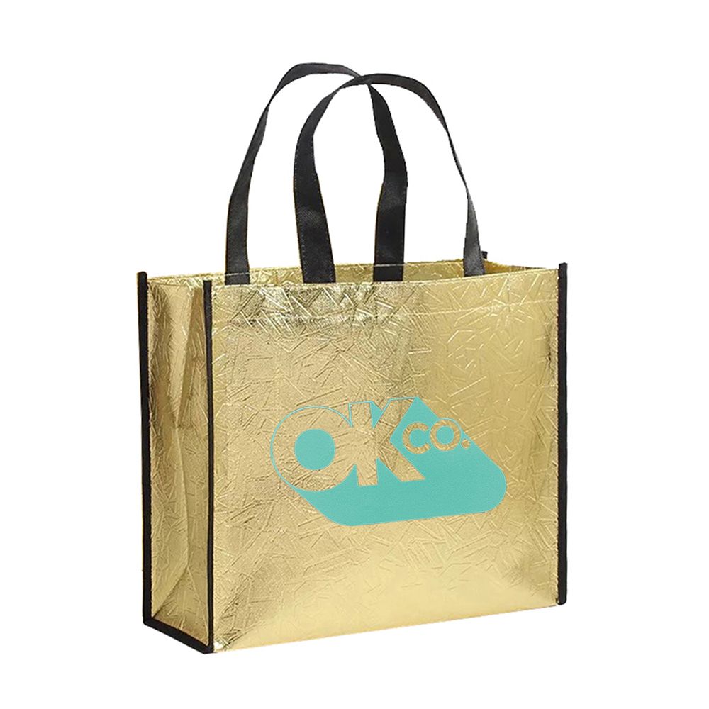 Custom Small Laminated Metallic Non-Woven Patterned Finish Tote Bag - 12.5"w x 10.5"h x 4.5"d